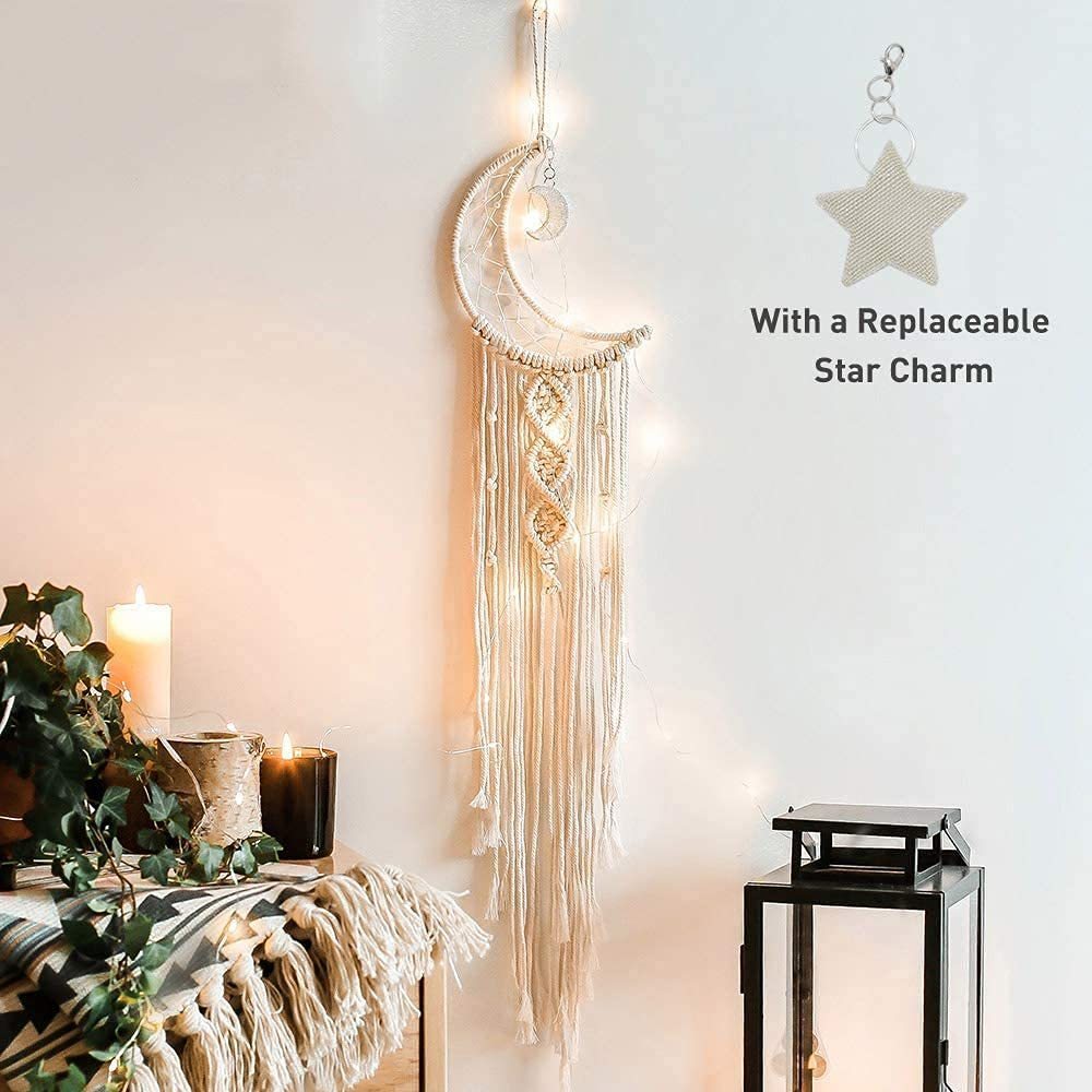 Boho Macrame Woven Wall Hanging, Crochet Crescent Moon Star Dream Catcher With💗